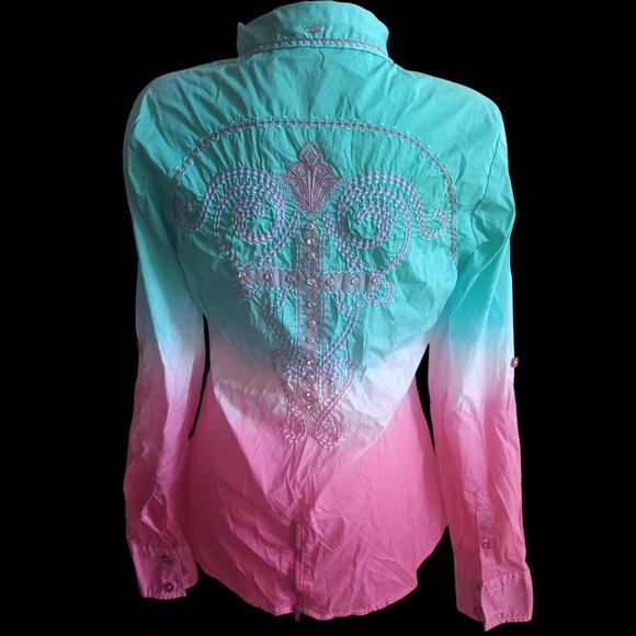 NEW Roar Womens Large Western Shirt Roar Embroidery Rhinestones Dip dye - Picture 2 of 6